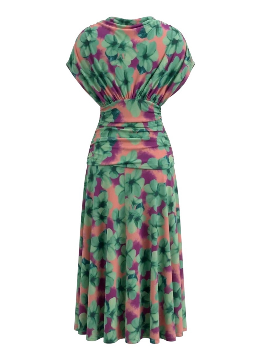 Floral Green & Pink Midi Dress with Cinched Waist